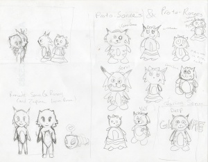 These are the designs for both the sonees as how they would look (the lower left corner) and something which would be called proto-sonees/roseys. the proto-sonees are based chris's many incosistent designs and would act the way they do in "A very Sonichu adventure". in the story they would be a result of bad cloning and other unspeakable gentic experiments done by chris and a villain in order to amass an army of sonichus/rosechus/mutants.