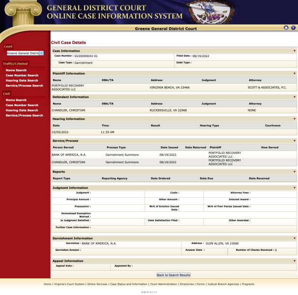 FileCourt Record 2022 Portfolio Recovery Associates, Garnishment
